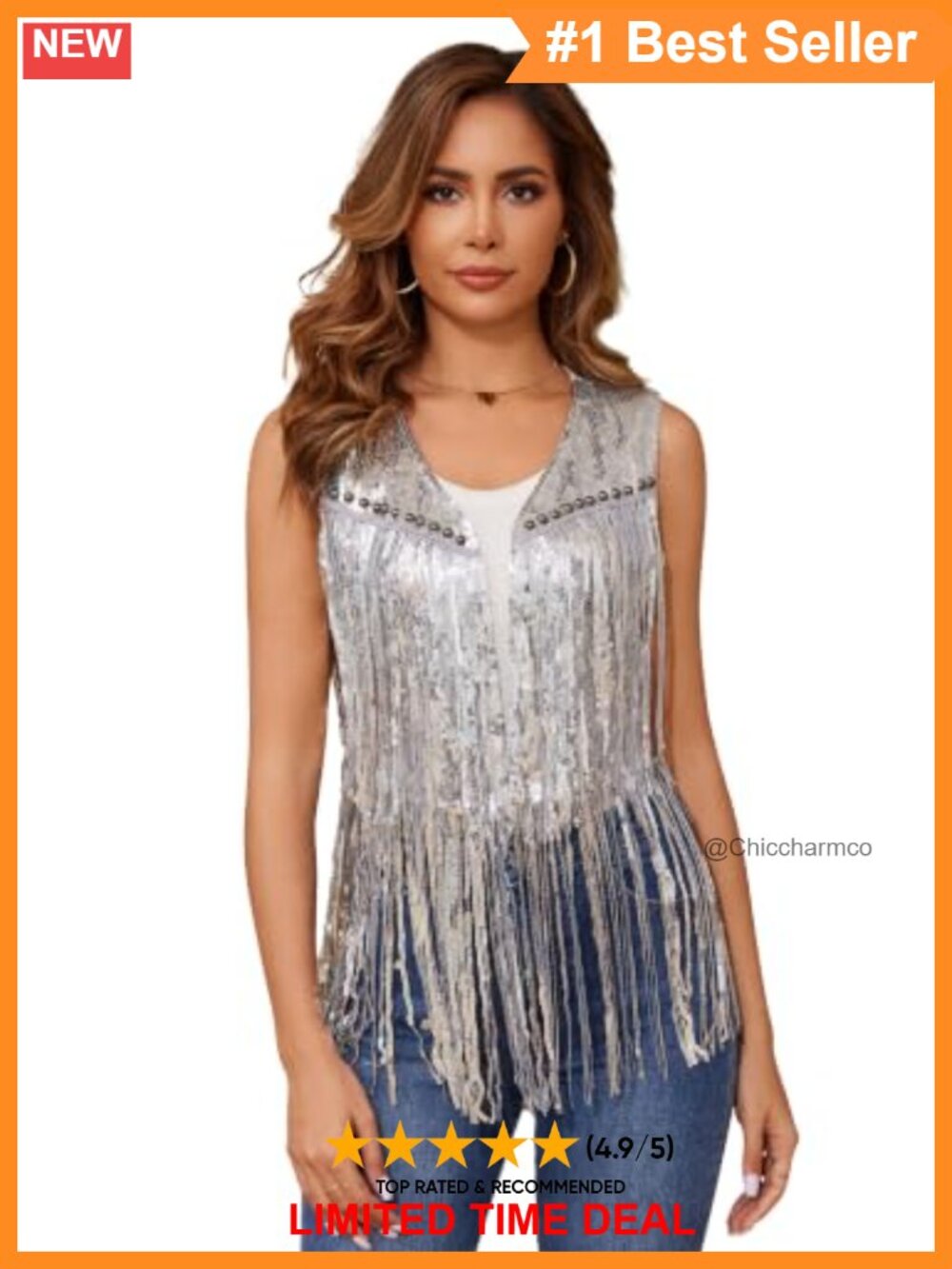 Women's Sequin Sleeveless Tassel Fringe Vest Western Party Layering